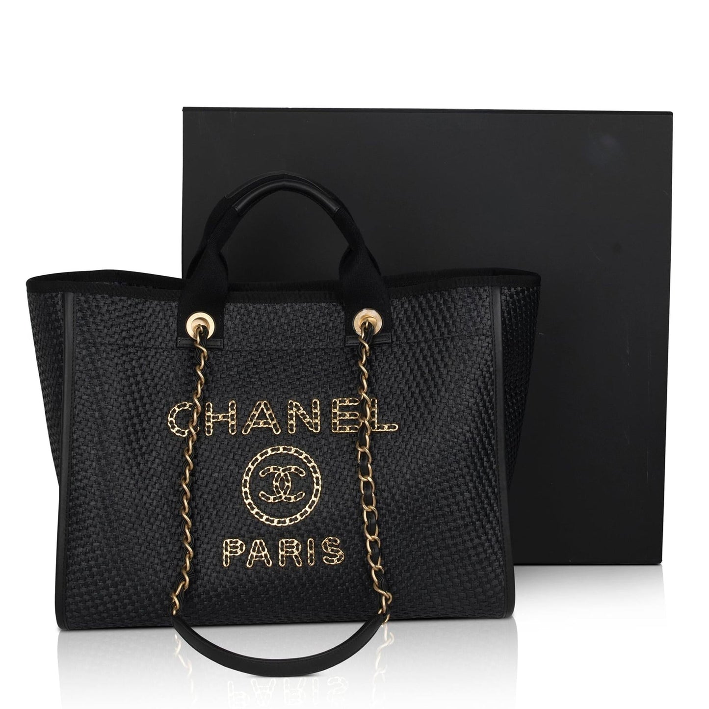 Chanel 2021 Straw Raffia Calfskin Chain Medium Deauville Tote
