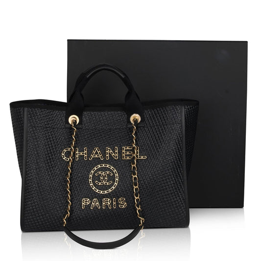 Chanel 2021 Straw Raffia Calfskin Chain Medium Deauville Tote
