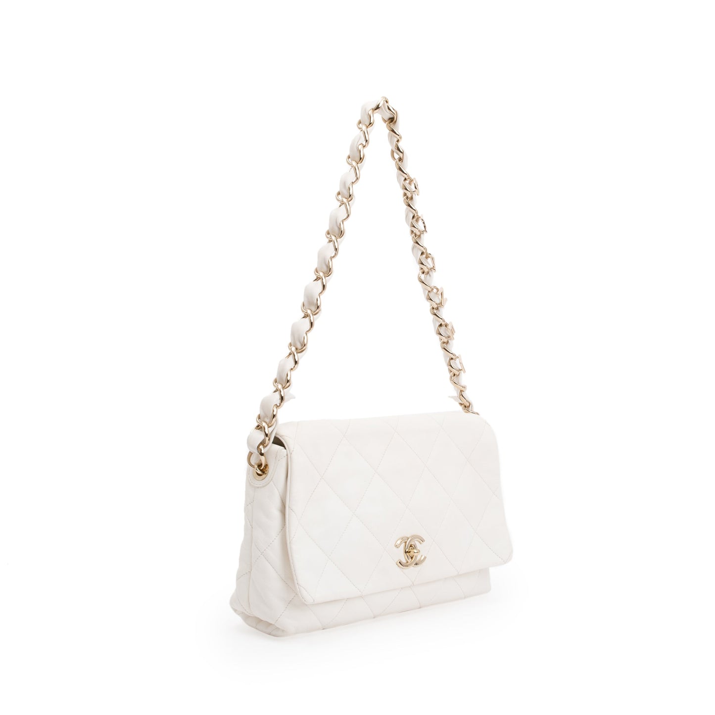 Chanel 2021 White Calfskin Leather Medium Logo Strap Flap Bag