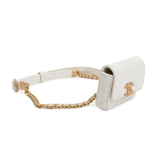 Chanel 2021 White Caviar Leather CC Flap Card Holder Belt Bag