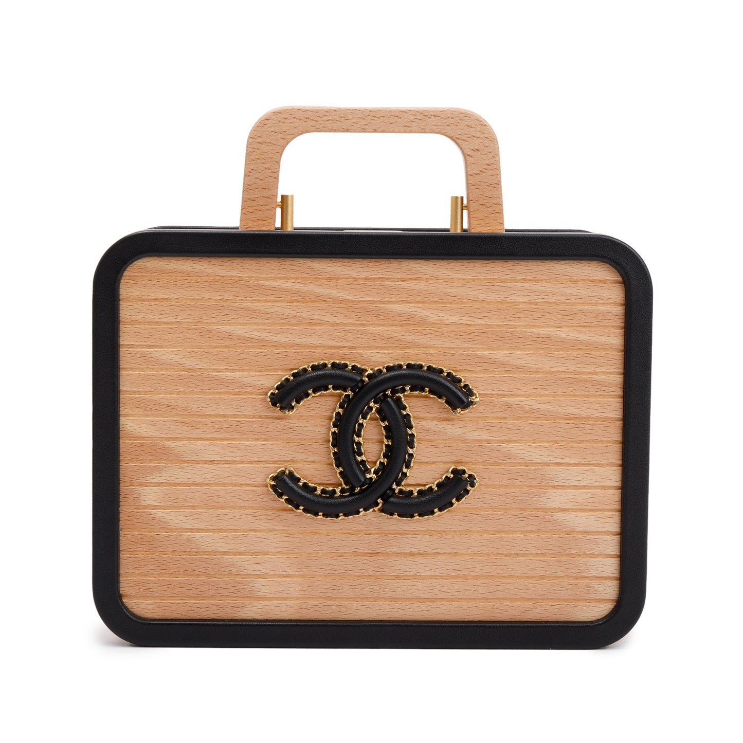 Chanel 2022 Beige Beech Wood Black Lambskin Leather Medium CC Vanity Case