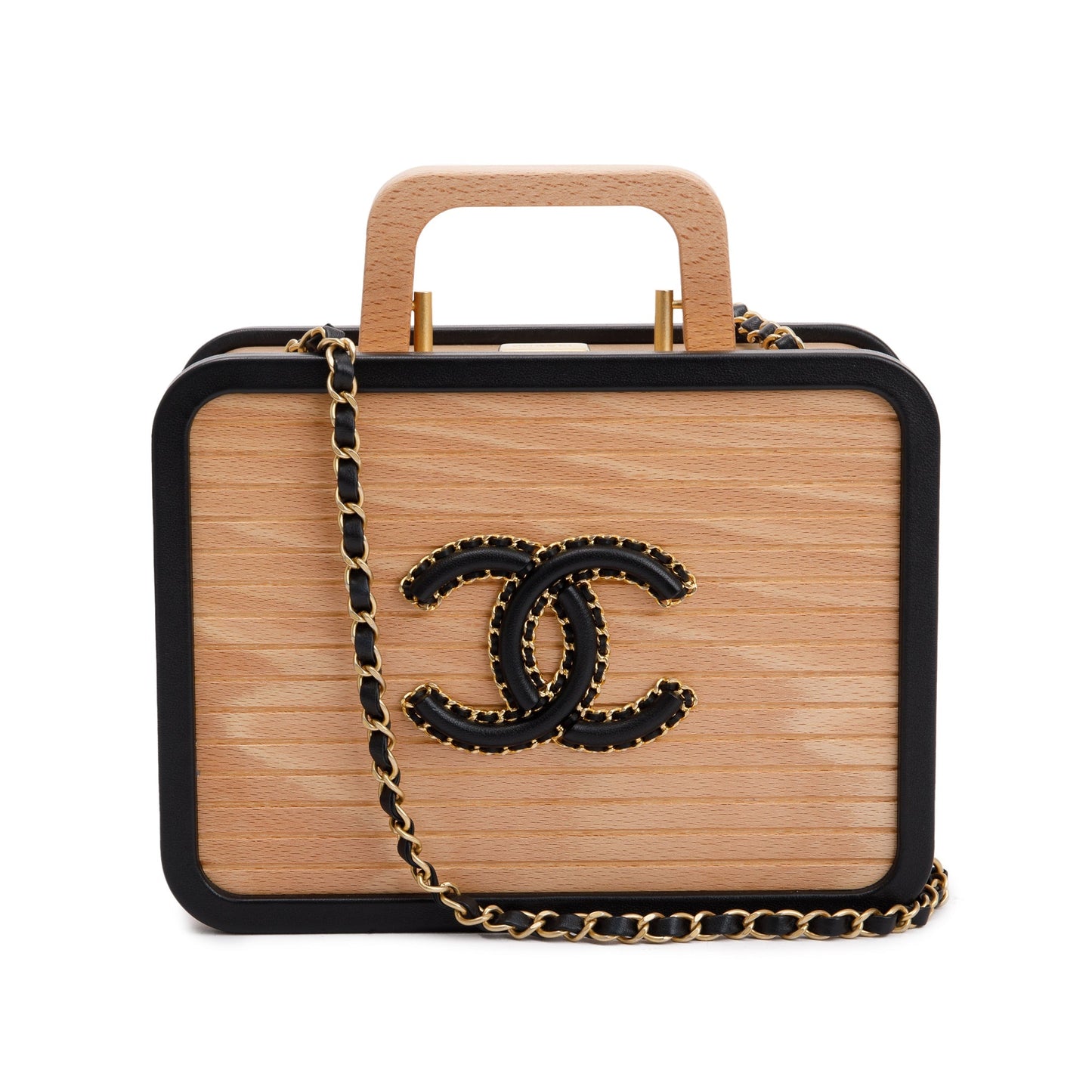 Chanel 2022 Beige Beech Wood Black Lambskin Leather Medium CC Vanity Case