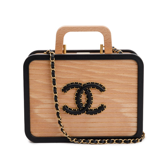 Chanel 2022 Beige Beech Wood Black Lambskin Leather Medium CC Vanity Case