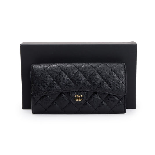 Chanel 2022 Black Caviar Classic Long Flap Wallet