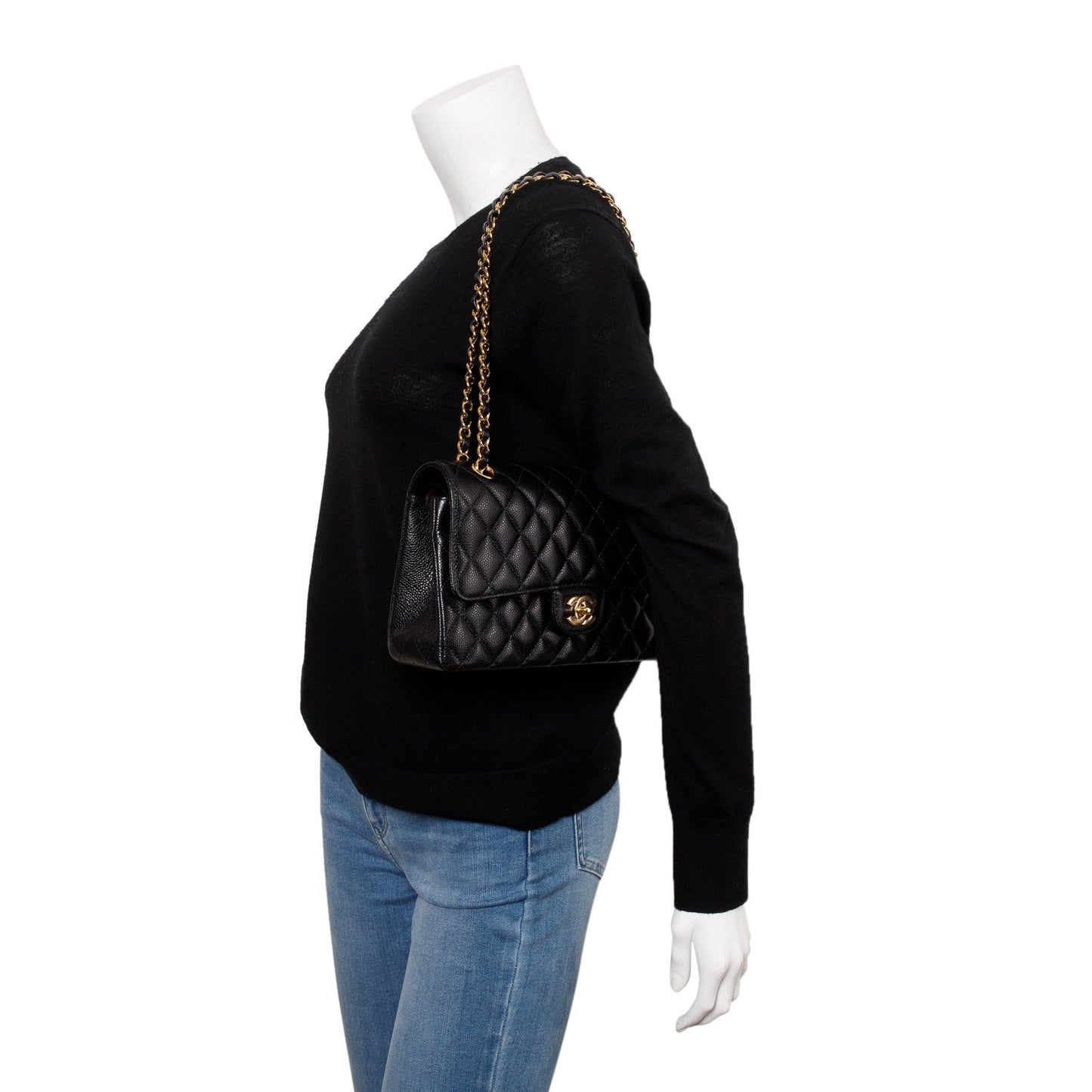 Chanel 2022 Black Caviar Leather Medium Classic Double Classic Flap Bag