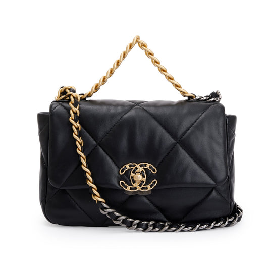 Chanel 2022 Black Lambskin Leather Medium 19 Flap Bag