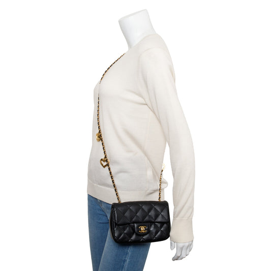 Chanel 2022 Black Quilted Lambskin Heart Charms Mini Flap Bag