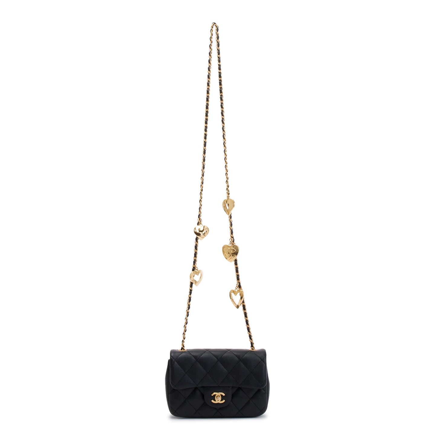 Chanel 2022 Black Quilted Lambskin Heart Charms Mini Flap Bag