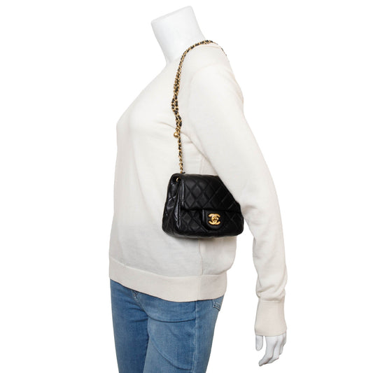 Chanel 2022 Black Quilted Lambskin Pearl Crush Square Mini Flap Bag