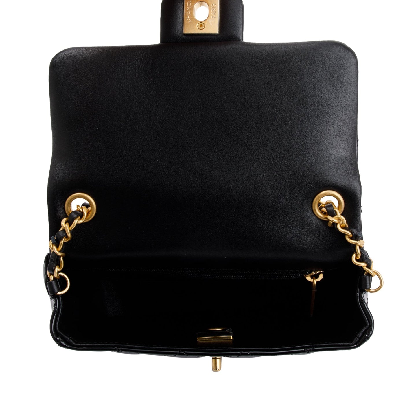 Chanel 2022 Black Quilted Patent Leather Coco De Toi Heart Square Mini Flap Bag