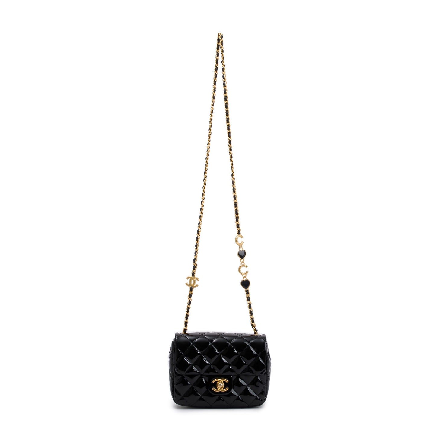 Chanel 2022 Black Quilted Patent Leather Coco De Toi Heart Square Mini Flap Bag