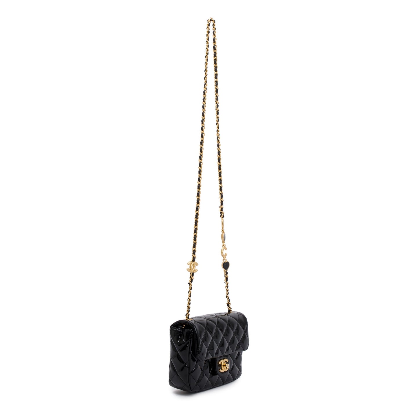 Chanel 2022 Black Quilted Patent Leather Coco De Toi Heart Square Mini Flap Bag