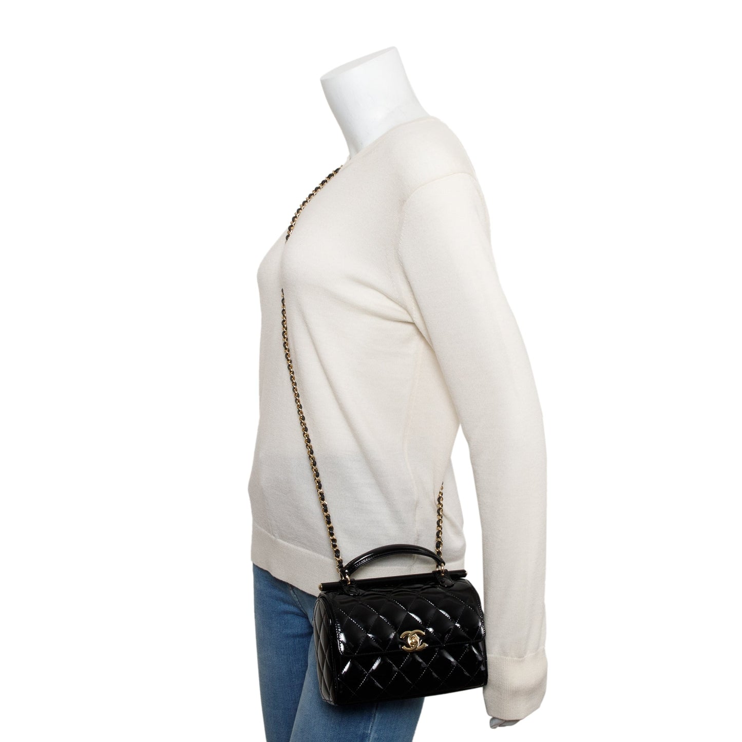 Chanel 2022 Black Quilted Patent Leather Mini Top Handle Flap Bag