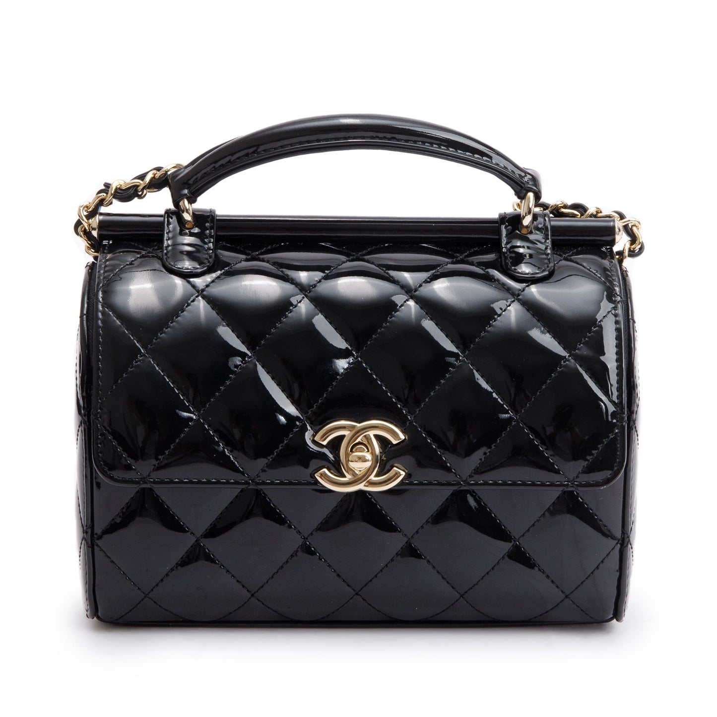 Chanel 2022 Black Quilted Patent Leather Mini Top Handle Flap Bag