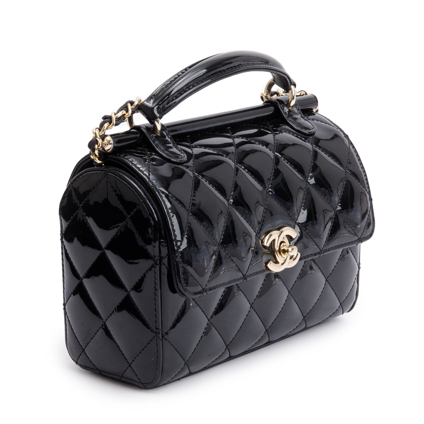 Chanel 2022 Black Quilted Patent Leather Mini Top Handle Flap Bag