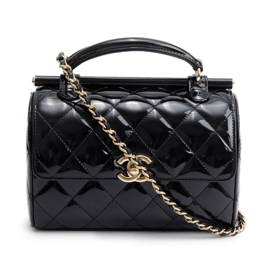 Chanel 2022 Black Quilted Patent Leather Mini Top Handle Flap Bag