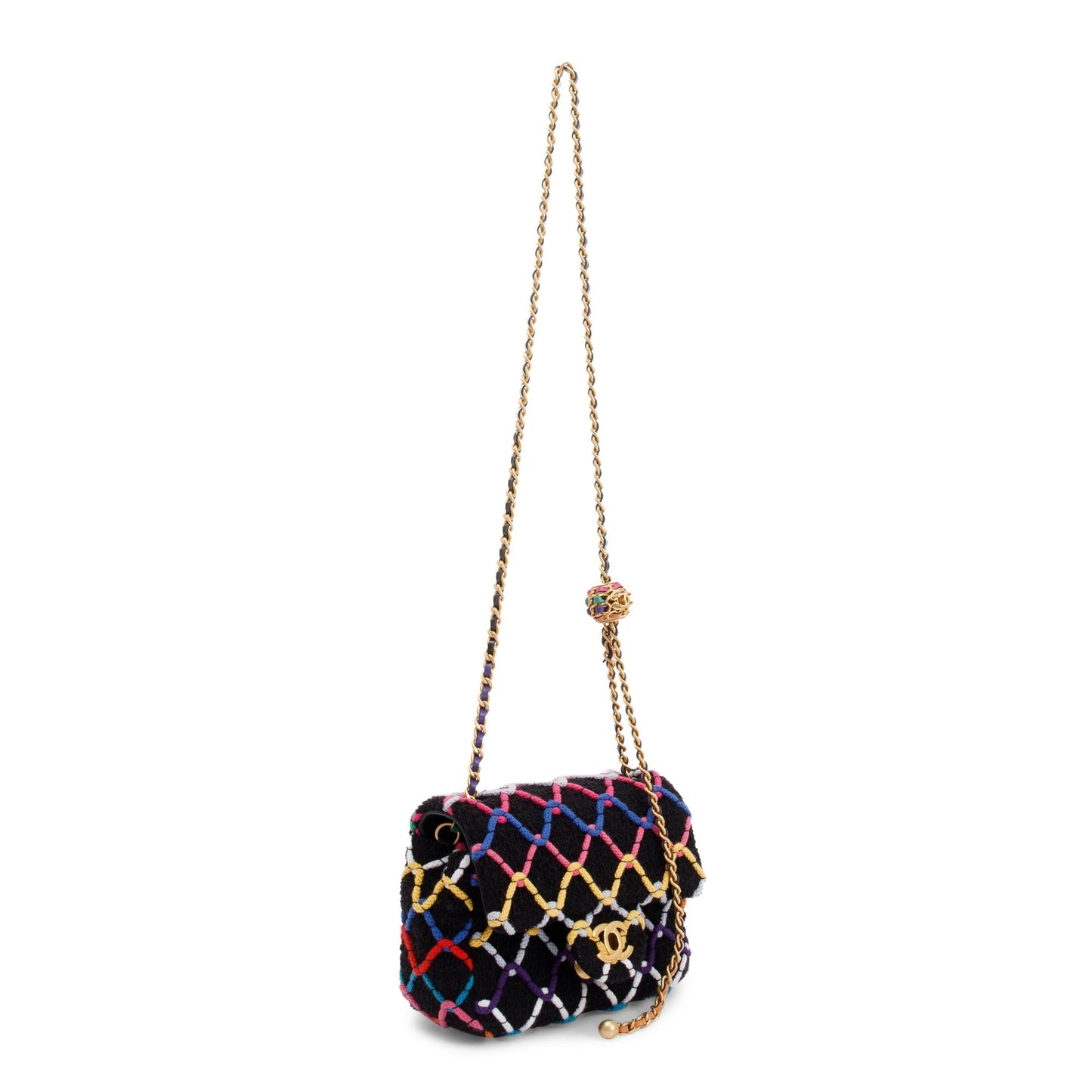 Chanel 2022 Diamond Threaded Tweed CC Pearl Crush Square Mini Flap Bag