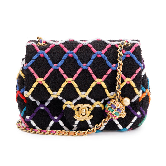 Chanel 2022 Diamond Threaded Tweed CC Pearl Crush Square Mini Flap Bag