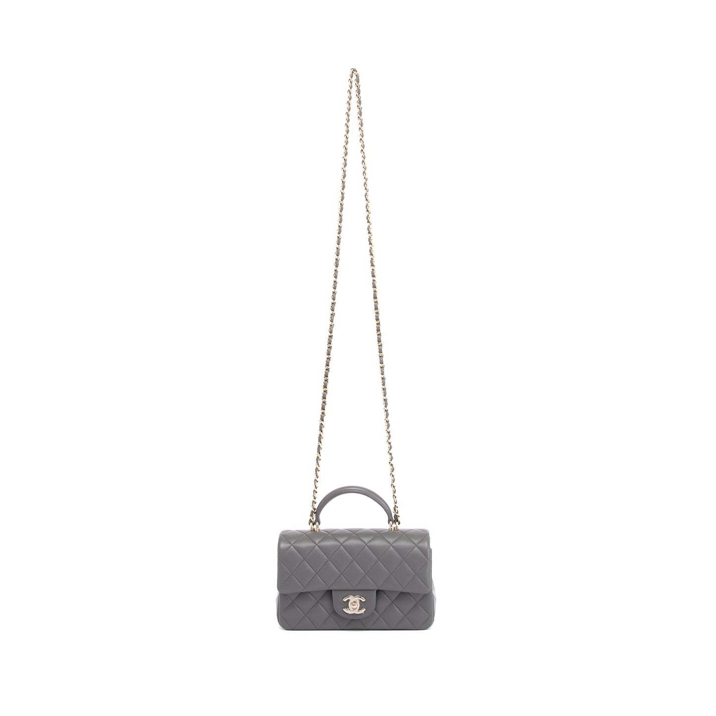 Chanel 2022 Grey Lambskin Quilted Mini Top Handle Rectangular Flap Bag