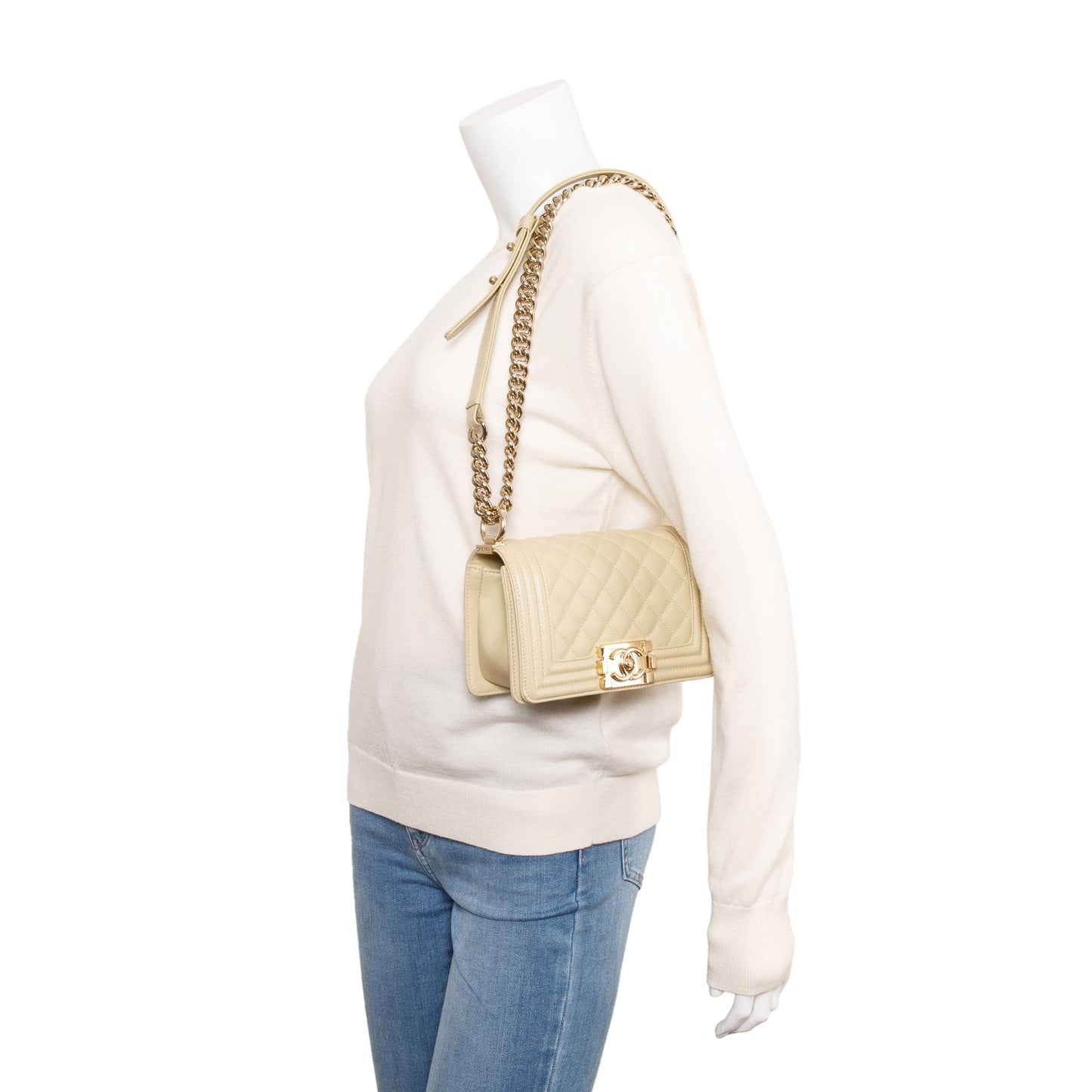 Chanel 2022 Neutral Caviar Leather Small Boy Bag
