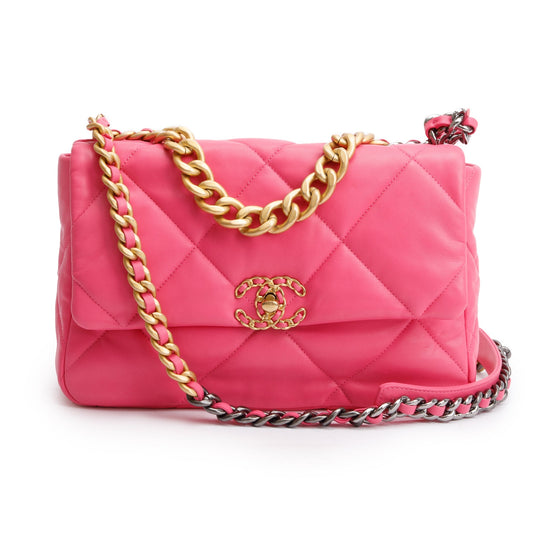 Chanel 2022 Pink Lambskin Leather Large 19 Flap Bag