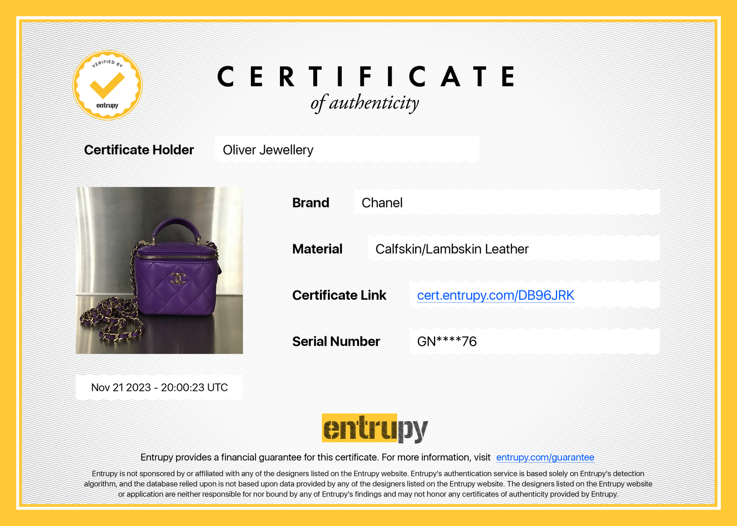 Chanel 2022 Purple Lambskin Leather Mini Top Handle Vanity Case