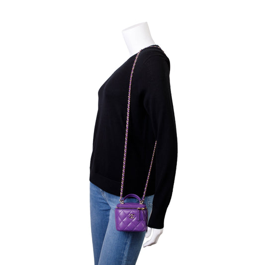Chanel 2022 Purple Lambskin Leather Mini Top Handle Vanity Case
