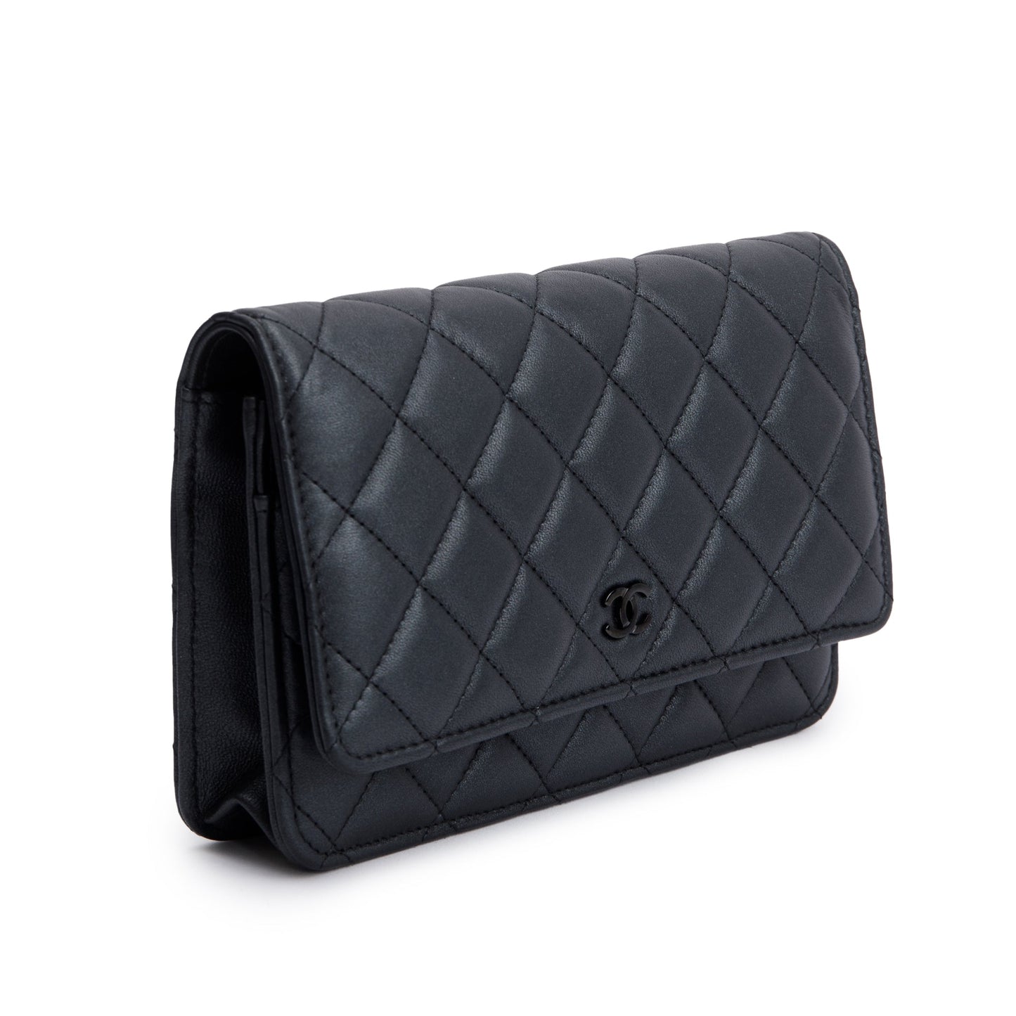 Chanel 2022 So Black Lambskin Leather Classic Wallet on Chain