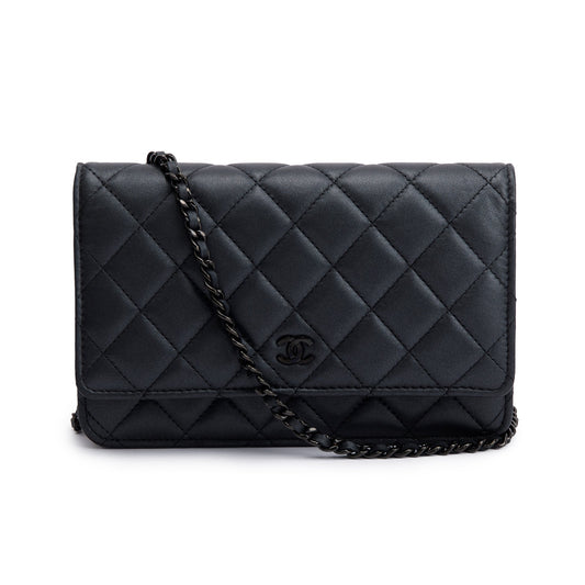 Chanel 2022 So Black Lambskin Leather Classic Wallet on Chain