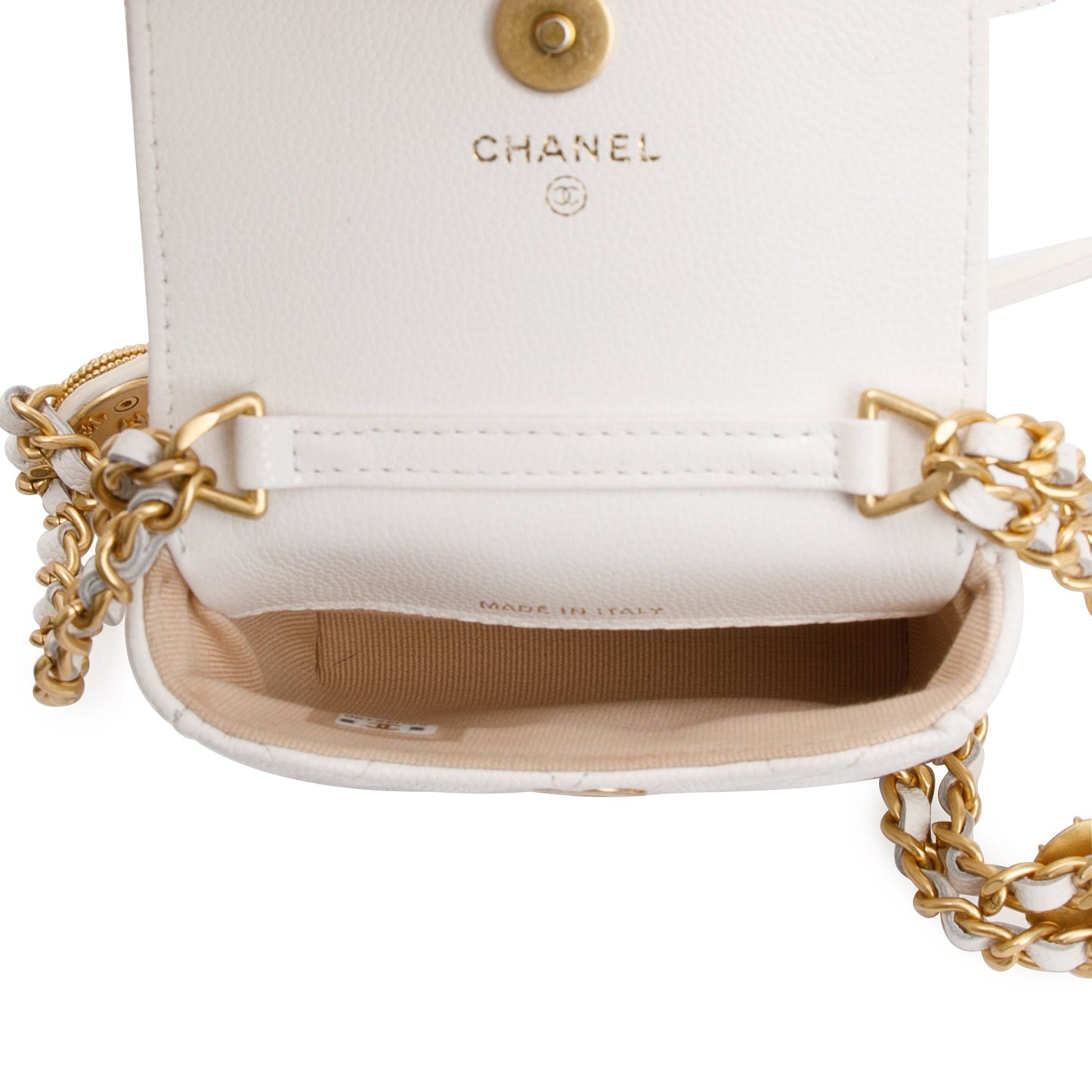 Chanel 2022 White Quilted Caviar Leather Twist Your Buttons Flap Chain Belt Bag