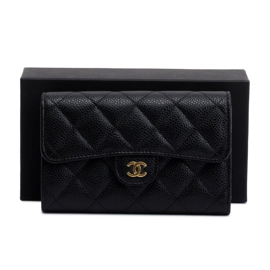 Chanel 2023 Black Caviar Leather Medium Classic Flap Wallet