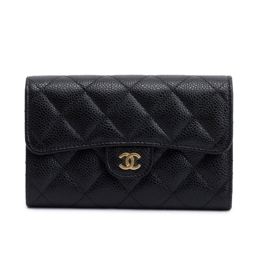 Chanel 2023 Black Caviar Leather Medium Classic Flap Wallet