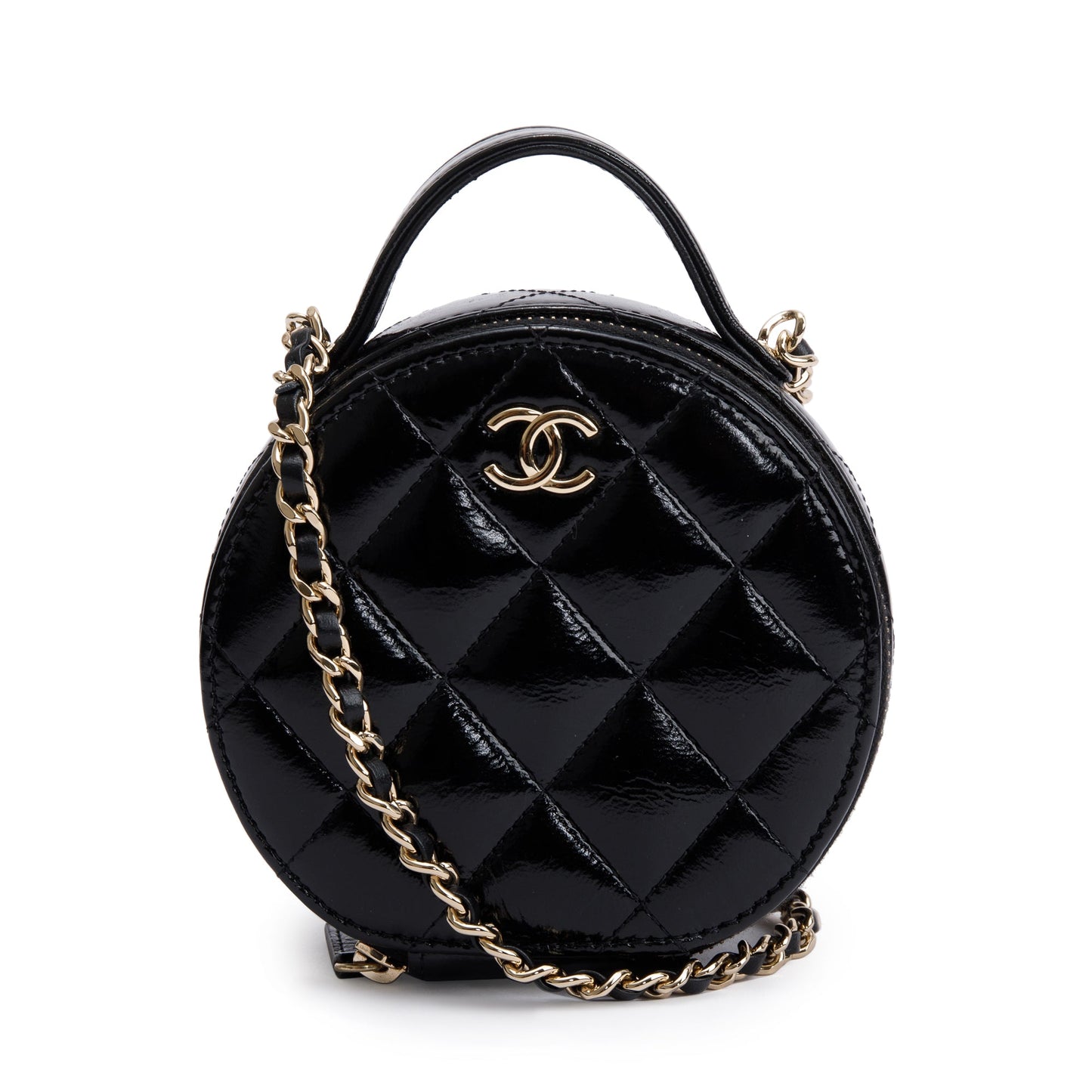 Chanel 2023 Black Lambskin Leather Handle with Care Round Vanity Case