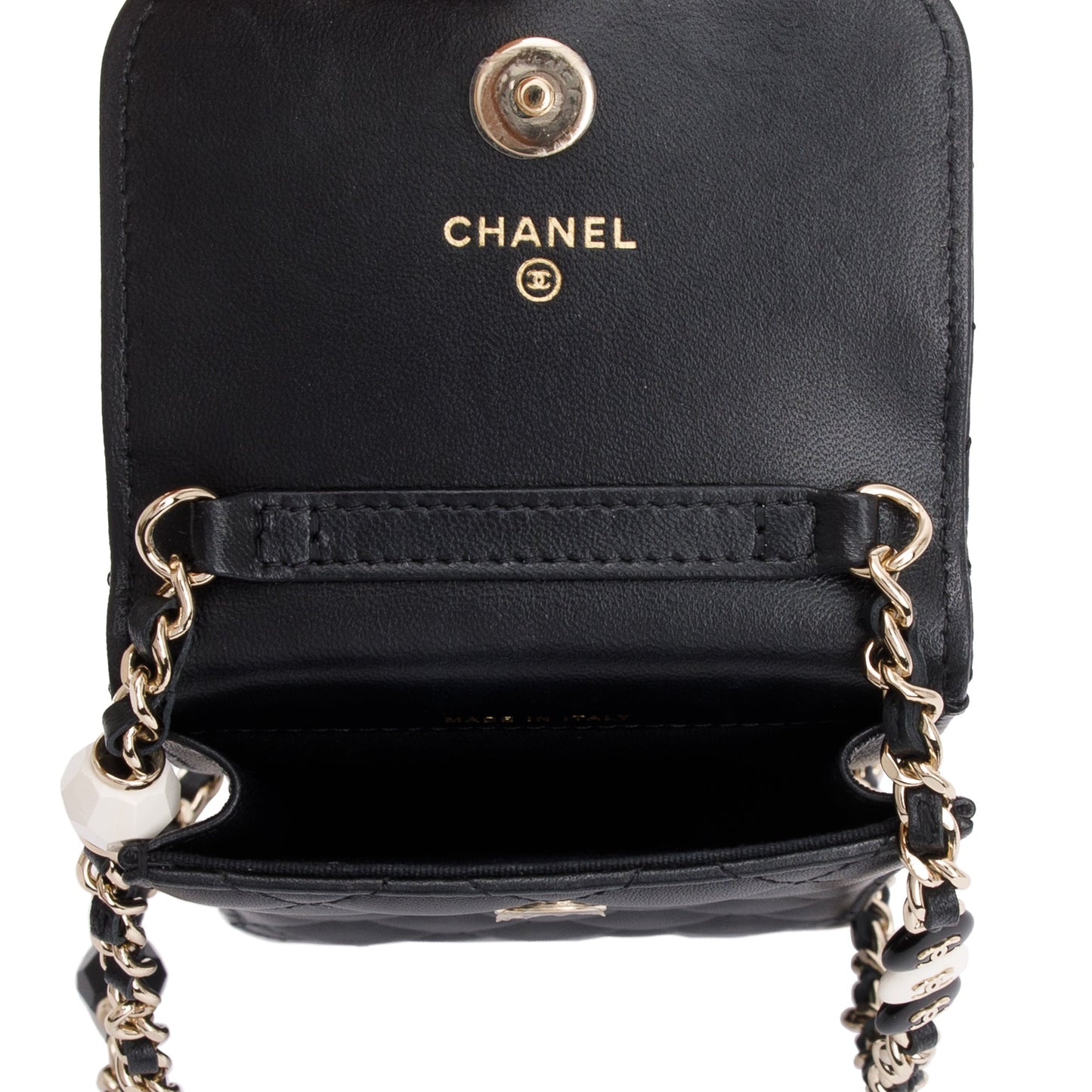 Chanel 2023 Black Quilted Calfskin Leather Candy CC Chain Phone Holder