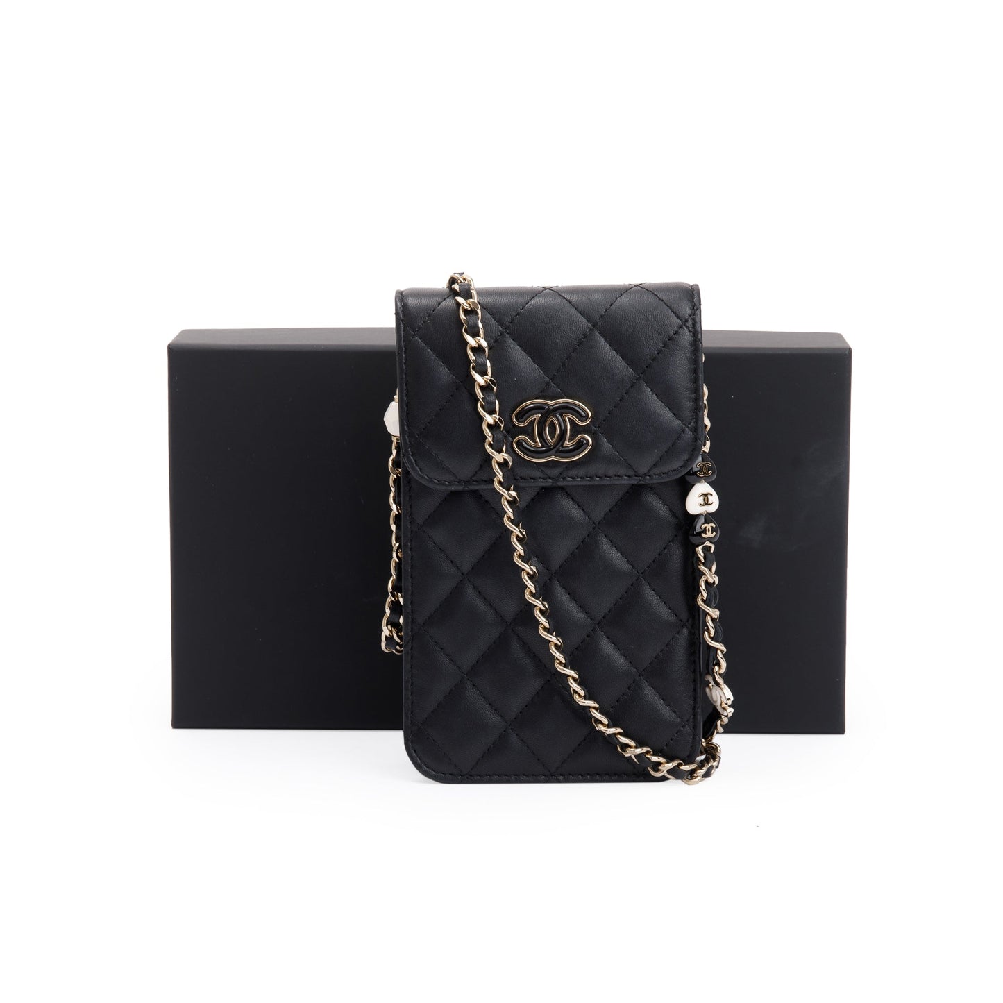 Chanel 2023 Black Quilted Calfskin Leather Candy CC Chain Phone Holder