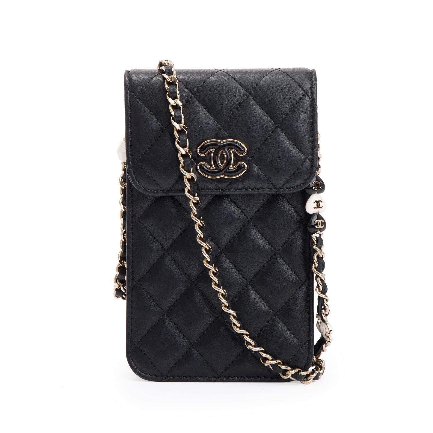 Chanel 2023 Black Quilted Calfskin Leather Candy CC Chain Phone Holder