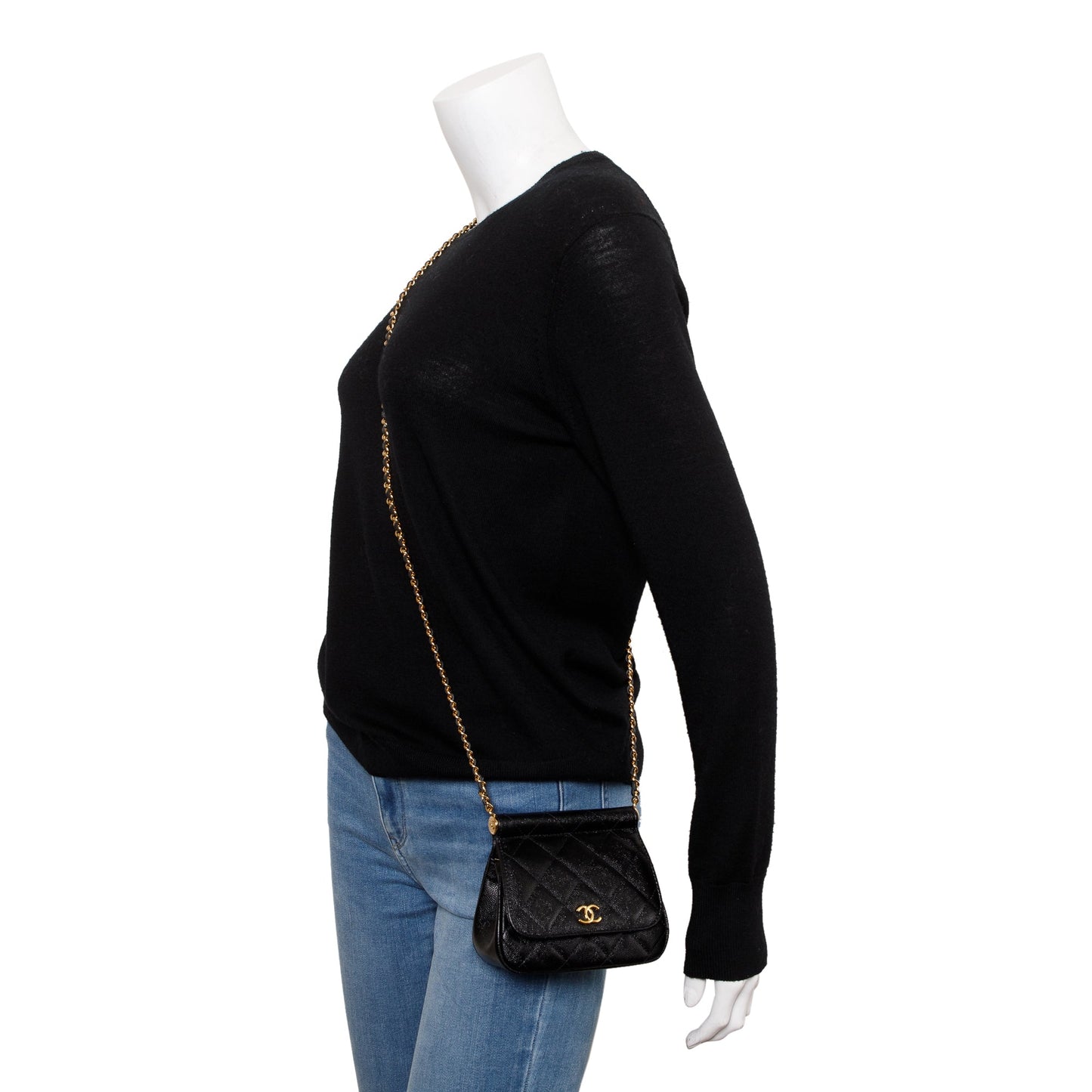 Chanel 2023 Black Quilted Caviar Micro Clutch with Chain