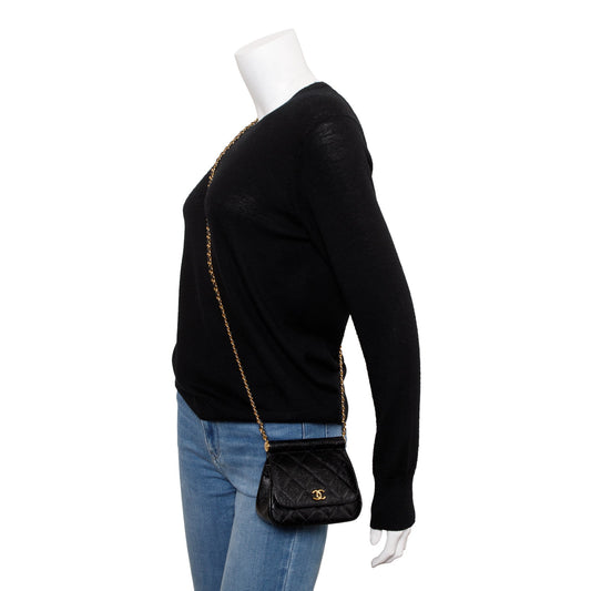 Chanel 2023 Black Quilted Caviar Micro Clutch with Chain