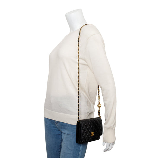 Chanel 2023 Black Quilted Lambskin Leather CC Pearl Crush Classic Wallet on Chain