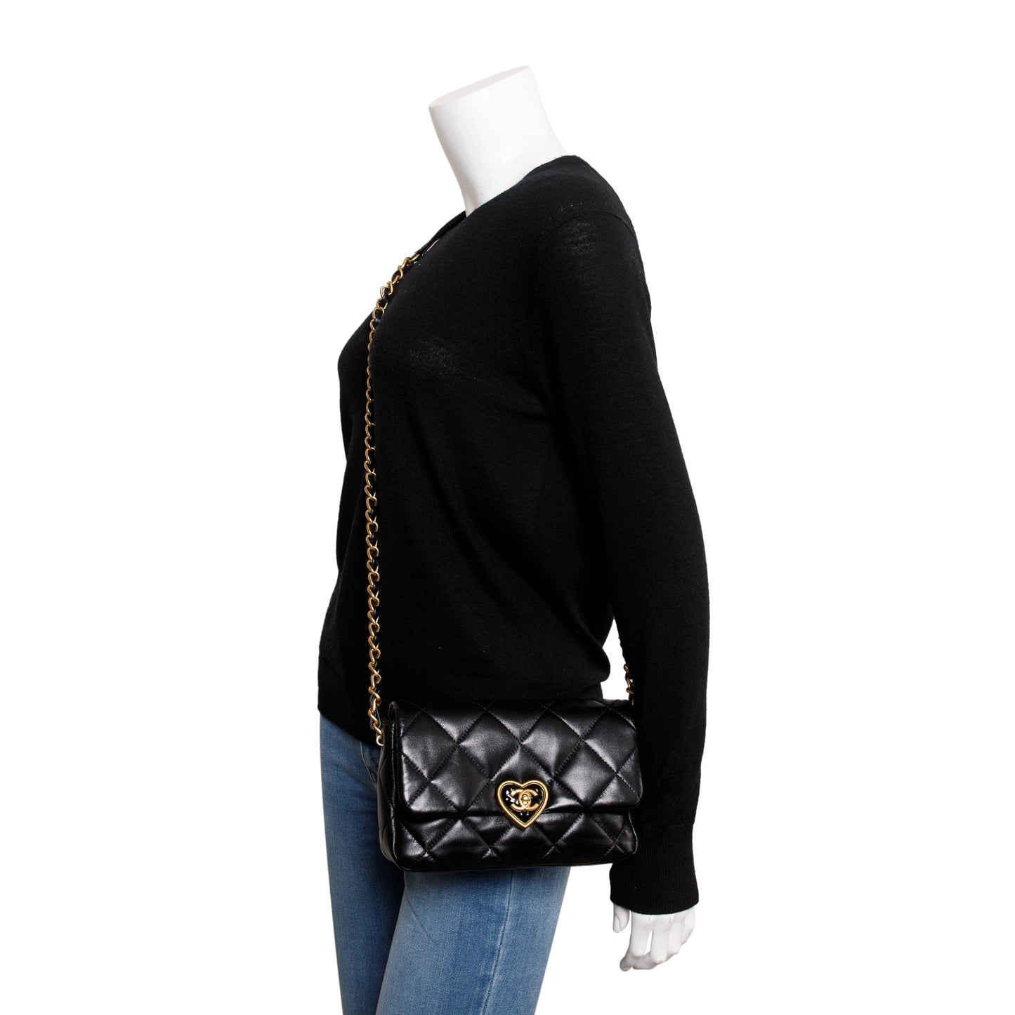 Chanel 2023 Black Quilted Lambskin Leather Small Heart Flap Bag