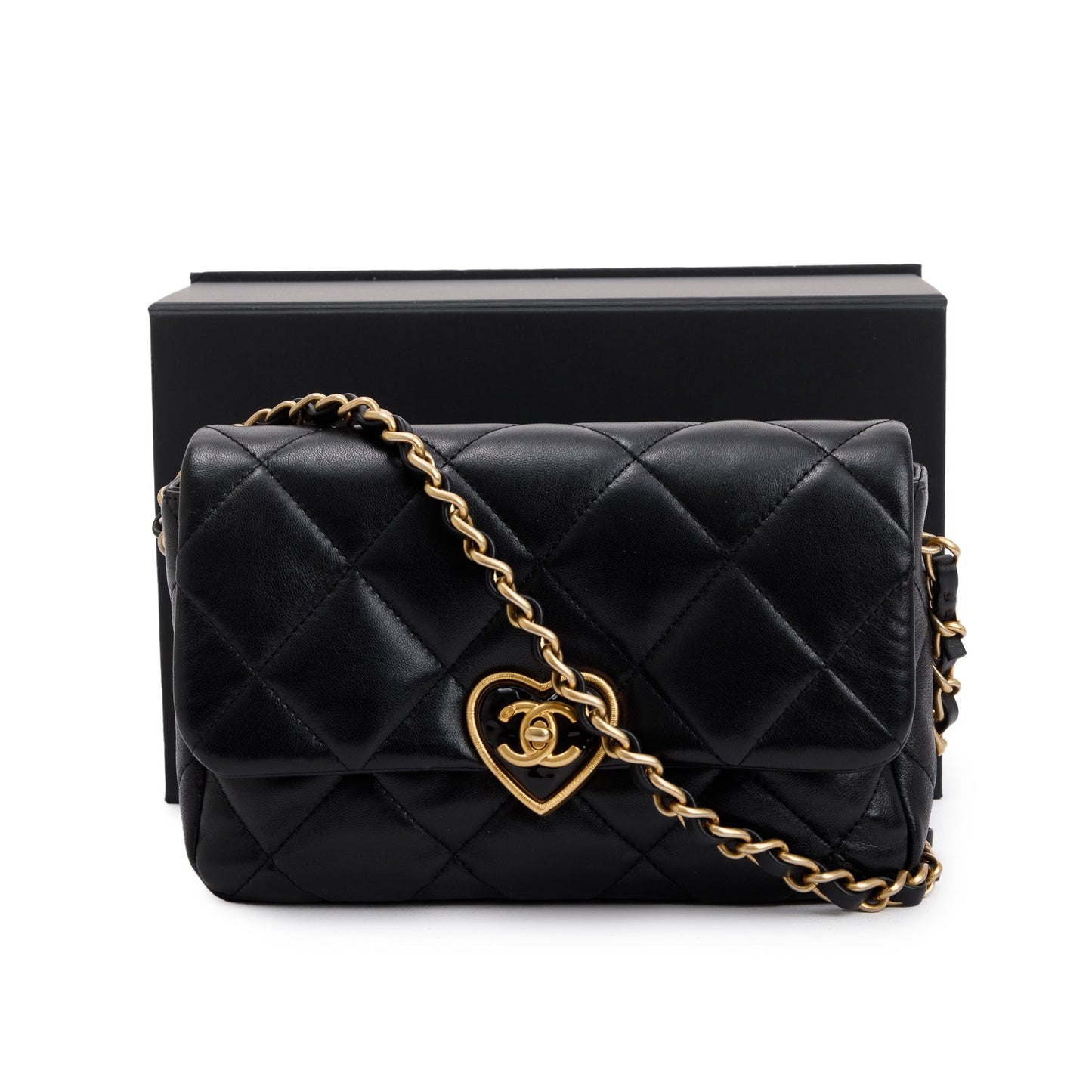 Chanel 2023 Black Quilted Lambskin Leather Small Heart Flap Bag