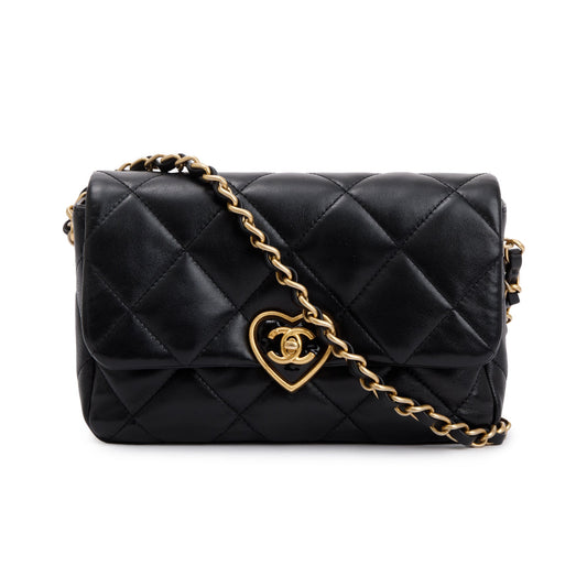 Chanel 2023 Black Quilted Lambskin Leather Small Heart Flap Bag