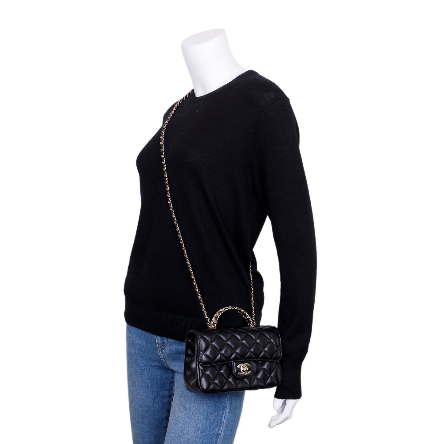 Chanel 2023 Black Quilted Lambskin Mini Crystal Top Handle Rectangular Flap Bag