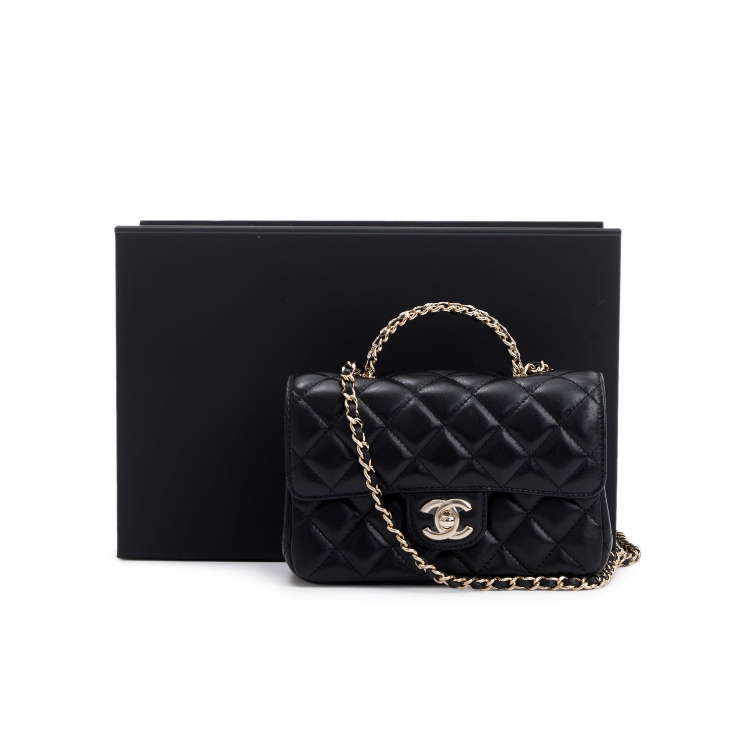 Chanel 2023 Black Quilted Lambskin Mini Crystal Top Handle Rectangular Flap Bag