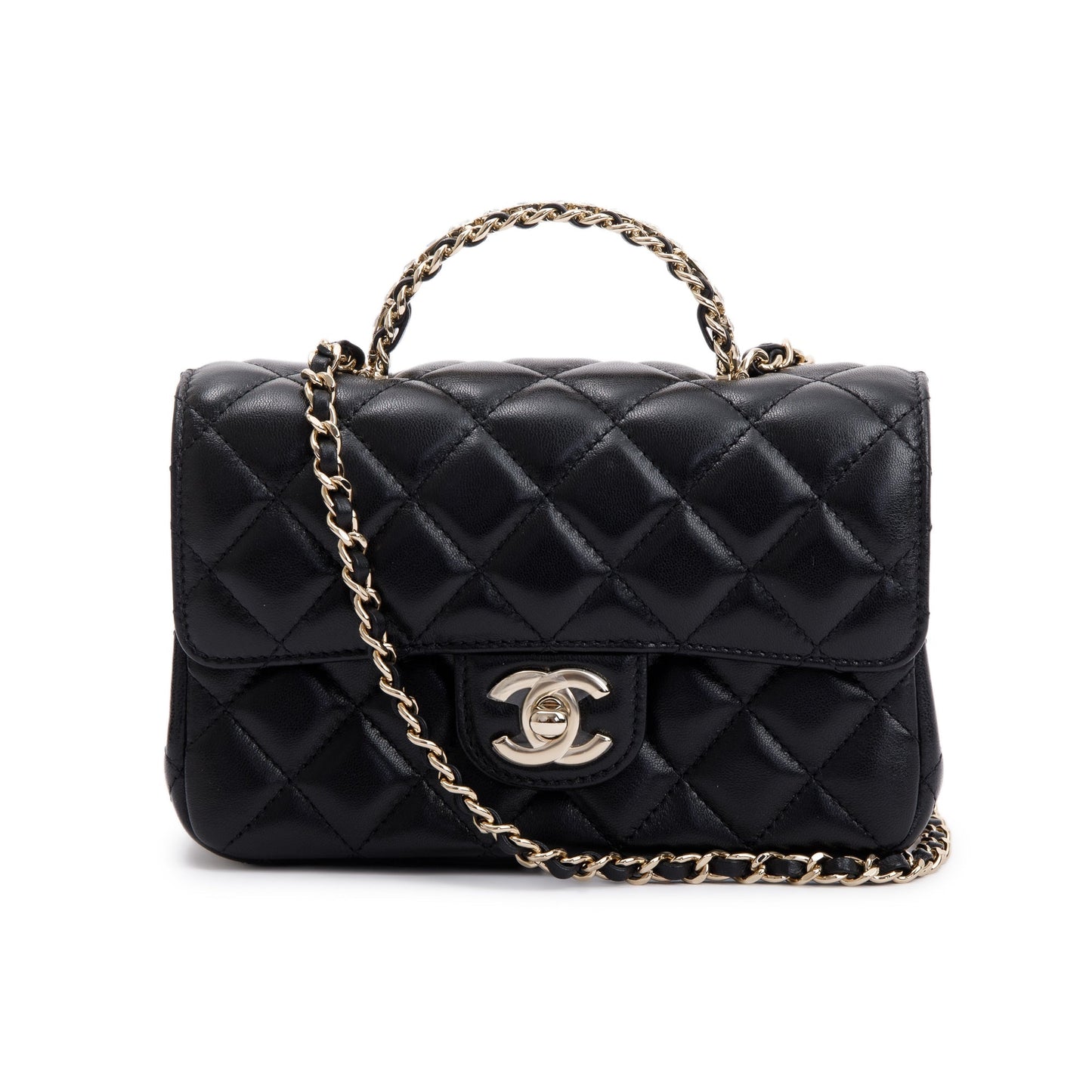 Chanel 2023 Black Quilted Lambskin Mini Crystal Top Handle Rectangular Flap Bag