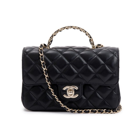 Chanel 2023 Black Quilted Lambskin Mini Crystal Top Handle Rectangular Flap Bag