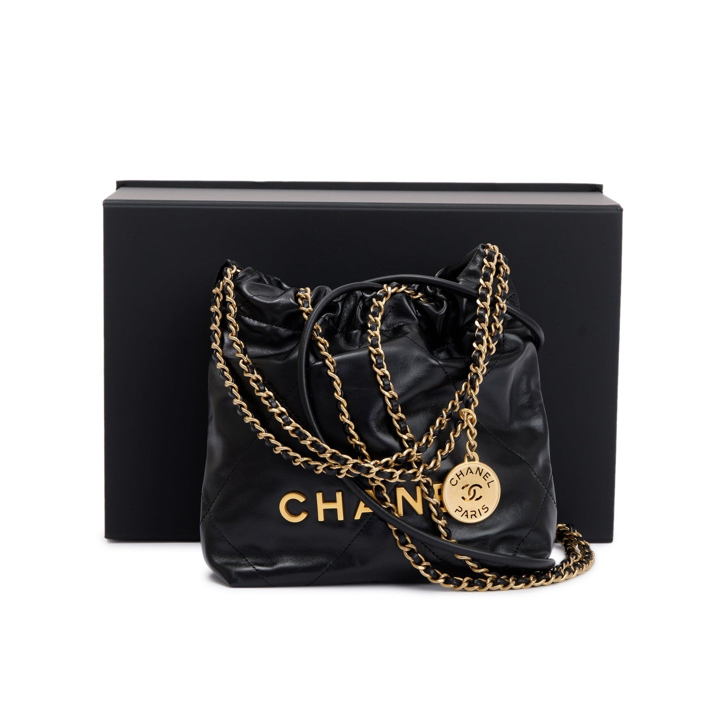 Chanel 2023 Black Shiny Calfskin Leather Mini Chanel 22