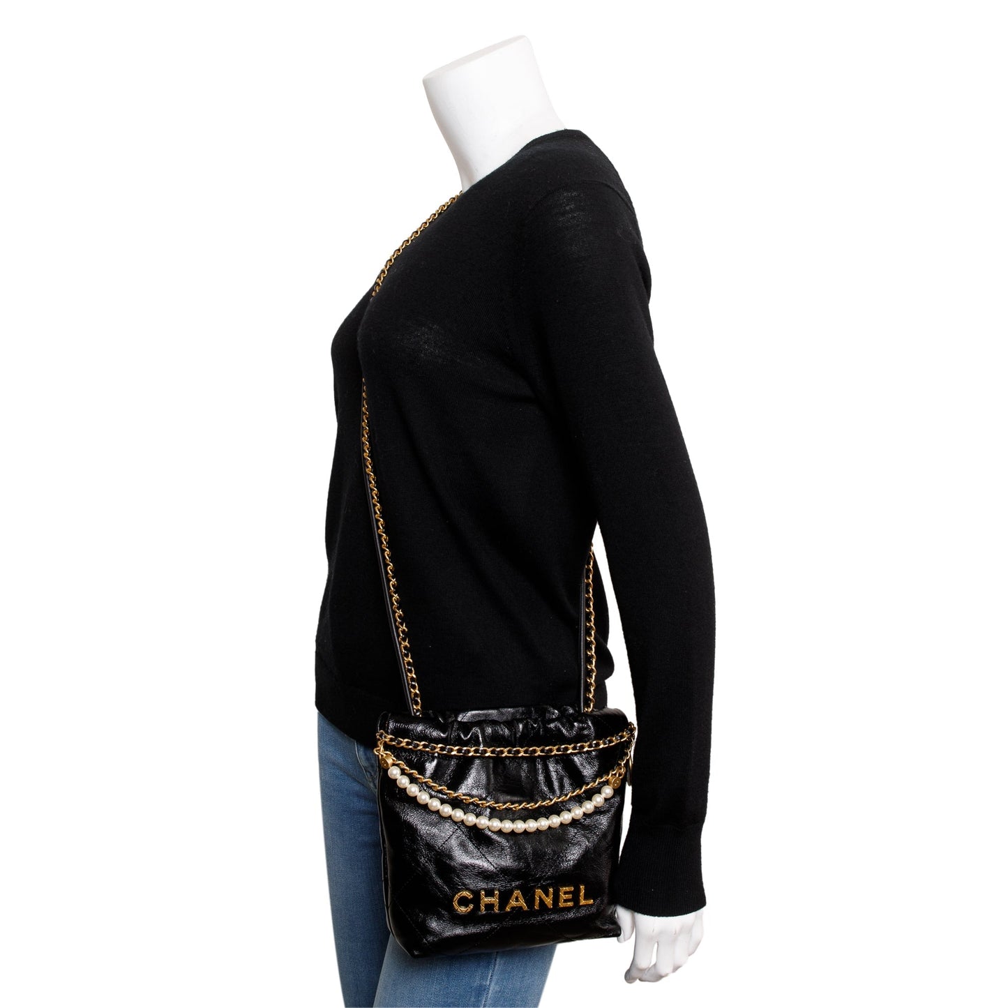 Chanel 2023 Black Shiny Calfskin Leather Mini Pearl Chanel 22