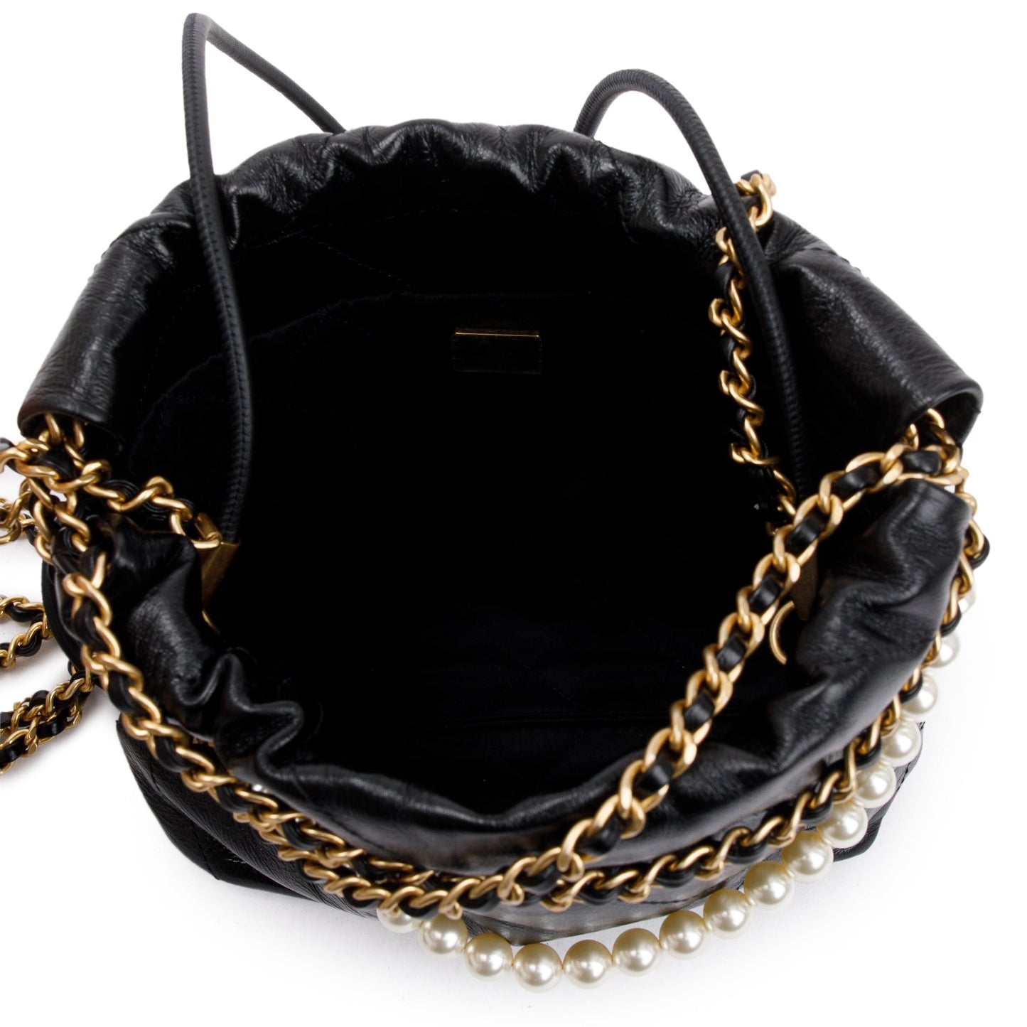 Chanel 2023 Black Shiny Calfskin Leather Mini Pearl Chanel 22