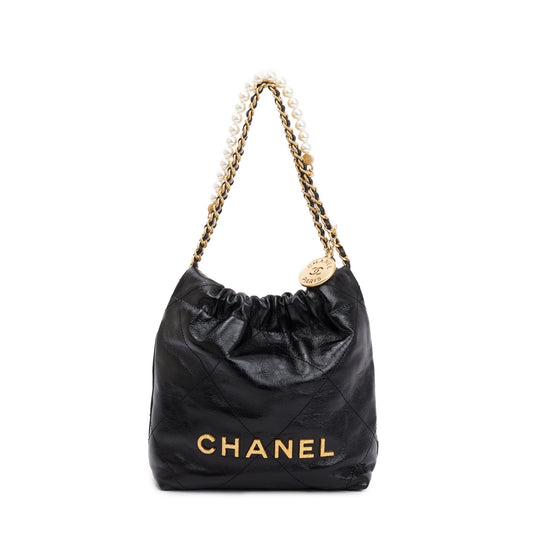Chanel 2023 Black Shiny Calfskin Leather Mini Pearl Chanel 22